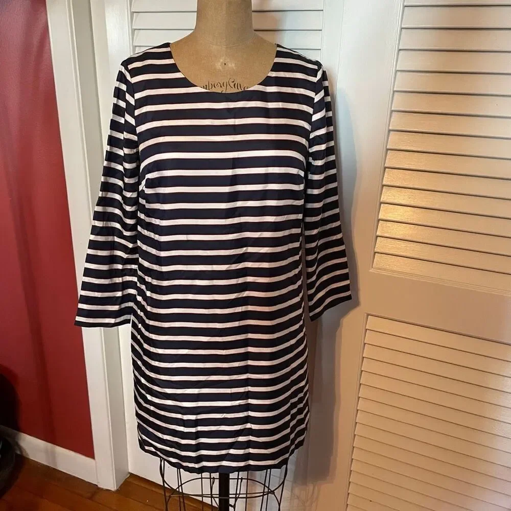 J CREW | navy orange white stripe silk shift dress 0